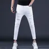 Witte Cott Gescheurde Jeans Heren Casual Zomer Slim Fit Enkellange Broek 50P9 #