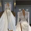 One Pcs Vintage Plus Size Pearls Mermaid Wedding Dresses Bridal Gowns With Detachable Train V Neck Long Sleeve High Side Split Robe De Marie