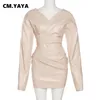 CM. Yaya Vintage Faux Skórzanie Kobiety LG Sleeve Wrap V-dnik Bodyc Midi Dr Pu Evening Party Club Prom Dres Vestidos F4YT#