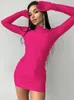Solid Long Sleeve With Gloves Mini Dress Bodycon Sexy Streetwear Party Half Turtleneck Outfits Y2K Clothes Wholesale 240314
