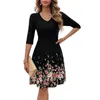 Party Dresses Spring Women Dress V Neck Flower Print A-line Bige Hem Long Sleeve Slim Knee Length Vestidos Para Mujer