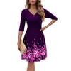 Party Dresses Spring Women Dress V Neck Flower Print A-line Bige Hem Long Sleeve Slim Knee Length Vestidos Para Mujer