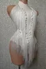scintillante bianco perle frange body sexy nappa tuta jazz costume di danza un pezzo di usura di scena ballerino spettacolo di performance Shuye 88h8 #