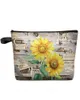 Borse per cosmetici Girasole Acquerello Venatura del legno Retro Spaper Pianta Borsa per trucco Custodia per donna Astuccio per riporre le matite