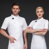 Veste de cuisine noire à manches courtes, uniforme de chef de restaurant, boulangerie, café, bar, serveur, chemises de travail, hôtel, restauration, manteau de cuisinier Q9Sq #