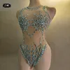 2024 Nouveau Sparkling Rhineste Body Femmes Mesh Sequin Perspective Sexy Justaucorps Fête d'anniversaire Club Stage Performance Costume 36uw #