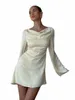 Clacive Sexy Losse Geel Satijn Dr Dames Bodyc O-hals Lg Mouw Mini Dr Elegante Klassieke Backl Dres Voor Vrouwen S9WD #