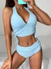 Costumi da bagno da donna 2024 Cielo blu 2 pezzi Costume da bagno per le donne Vita alta Fasciatura Bikini Tinta unita Scollo a V Halter Backless Beach Costume da bagno