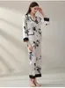 Home Clothing Custom White Floral Printed Ladies Long Sleeve Soft Silk Nightwear Women's Pajama Set With Contrast Piping