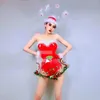 christmas Gogo Dancer Costume Women Red Bodysuit Transparent Skirt Nightclub Ds Dj Rave Outfit Stage Party Clothes XS7445 L6y0#