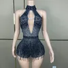 sexy Halter Pole Dance Outfit Black Rhinestes Fringed Bodysuit Women Nightclub Dj Ds Stage Rave Clothes XS7484 h7ao#