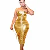 Gold Metallic Club Party Birthday Dr for Women Elegancki ramię Ruched Strapl Bodyc Midi Dr VestA de Festa Q9z8#