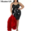 Plus Size PU Kunstleder Frauen Bodyc Mini Dr 4XL Reißverschluss Up Strap V-Ausschnitt Backl Sexy Punk Party Elegant Club Red Dres v7DW #