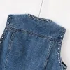 Colete feminino com rebite jeans e bolsos traseiros 52jx#