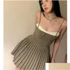 Grundläggande avslappnade klänningar Sweet Y2K Style Chic Pleated A-Line Short Kirt Slash Neck Alim Patchwork Ballet Rem Dress Summer Super Mini PA OTW72