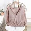 Cardigan maglione sottile con cappuccio Donna Lino di seta Primavera Estate Lace Up Scollo a V Design corto Cardigan con mantella allentata Capispalla femminile F8It #