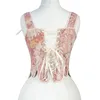 Kvinnor Tapestry Court Neck Halter Corset Crop Top med Petal Hem Back Lace-Up Overbust Bustier Plastic Bones