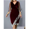 Basic & Casual Dresses Elegant Womens Plus Size Dress 2023 Sequin Evening V Neck Mesh Sleeve Spring Summer Midi Black For Drop Delive Dhh2B