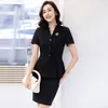 Vestido de duas peças moda verão preto blazer feminino saia ternos manga curta jaqueta senhoras trabalho conjunto de negócios uniformes de escritório estilos