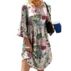 パーティードレス夏の女性ドレスoネック3クォータースリーブ花柄のプリーツアインラインルーズヘム膝の長さループフェミニナ