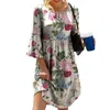 Party Dresses Summer Women Dress O Neck Three Quarter Hyls Floral Print Pleated A-Line Loose Hem Kne Length Roupas Feminina