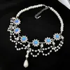 Boucles d'oreilles pendantes médiévales Vintage, collier rond en cristal pour femme, perle, haut sens, chaîne de pull baroque