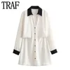 TRAF 2024 Patchwork Shirt Dress Woman Button Up Short Dresses With Long Sleeve Office Mini Dres Elegant Youth 240326