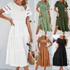 Women Spring Summer Pure Color Sexy Smocking Hollow Dress