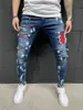 メンズジーンズの男性スリムフィットリッピングオスペイントファッションパッチbe食ズボンジャンボペンシルヒップホップドロップデリバリーアパレル衣類dhpji