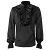 Camisas casuais masculinas Gótico Ruffled Blusa Victorian Stand Collar Jabot Camisa Medieval Pirata Vampiro Traje Mens Manga Longa