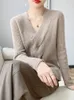 Women Fashion Female Spring Autumn 100% Pure Merino Wool Twisted V-Neck Pullover Cashmere Sweater Hollow Out Clothing Top 240326