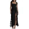 Casual Kleider Elegante High Slit Streamer Damen Kleid Sexy Square Neck Slip Mädchen Stil Lange Rüschen Unregelmäßige Party