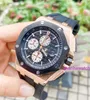 AP Sports Wrist Saat Epic Royal Meşe Offshore Serisi 26401ro Gül Altın Siyah Dial Üç Göz Kronograf Mens Moda Boş Zaman İş Sporları Makine Saati