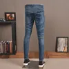 Fi Streetwear Men Jeans Retro Blue Elastic Slim Fit Ripped Biker Jeans Jeans Men Zipperスプライスデザイナーヒップホップデニムパンクパンツ91D8＃
