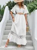 elegante solido bianco Lg Dr abbigliamento donna Bohemia Hollow Hem sexy maniche corte Dres vita alta Beach Party Maxi Dr 92e4 #