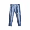 42 44 46 48 Jeans delgados de talla grande para hombre Verano Otoño Nuevo Fi Ripped Stretch Pantalones ligeros hasta el tobillo Azul claro M5B3 #