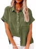 Женская блузка Рубашка Повседневная офисная льняная однотонная свободная винтажная рубашка Элегантные женские однобортные топы с короткими рукавами плюс размер m2Z7 #