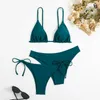 Mulheres Swimwear Sexy 3 Peça Bikini Set Mulheres Sólido Azul Roxo Push Up Bandage Triângulo Swimsuit Brasileiro Praia Banheira Terno Swumwear