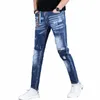 Jeans déchirés bleus pour hommes d'été Pantalon droit pour hommes Streetwear Dot imprimé Slim Fit Denim Pantalon G4vf #