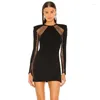 Casual Dresses 2024 Fashion Sexy Bandage Dress Black Mesh Splicing O-Neck Long Sleeve Spring Cocktail Club Evening Party Vestidos