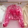 Женские блузки KUSAHIKI 2024, весенне-осенняя модная рубашка с длинными рукавами и воротником-стойкой из бисера и 3D цветком, сетчатый топ с перспективой