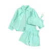 Set di abbigliamento 2-7 anni Ragazze Estate Autunno Vestiti Tinta unita Manica lunga Bavero Camicia con bottoni Canotta Crop Top Pantaloncini Abiti per bambini Set 3 pezzi