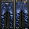 men's Stretch Slim Fit Jeans Dark Blue Skinny Jeans for Men Casual Retro Denim Pants Korean Style Streetwear Male Brand Trousers F5aS#