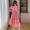 Casual Dresses 2024 Spring Stand Collar Diamond Pleated Cake Dress For Women Flower Printing Ruffles A-Line Vacation Clothing