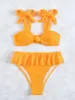 Women's Swimwear JyoJyo Sexy High Waist Bikini 2024 Knot Swimsuit Women Yellow Ruffle Ladies 2 Piece Bathing Suits Micro Biquini Summer