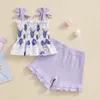 Giyim Setleri Toddler Kız Tank Üst ve Şort Seti Çiçek Baskı Fırfır Trim Tie Omuz mahsulü yivli geniş bacak kıyafetleri