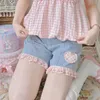 Dulce estampado a cuadros rosa azul mujeres Kawaii pantalones cortos pierna ancha Preppy japonés cintura alta estudiante coreano Chic Casual pantalones cortos 240327