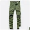Jeans pour hommes Pantalons au genou pour hommes Ripped Army Green Automne Hiver Zipper Lavé Rétro High Street Fashion Drop Livraison Vêtements Clo Dhx0F