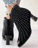 Stivali da donna con strass Decor Tacco grosso Caviglia da donna Brillanti Botas corti Zip laterale Punta a punta