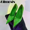 Dress Shoes 2024 Runway Rhinestone Rivet Pointed Toe Women Satin Shallow Thin Heels Sexy Office Work High